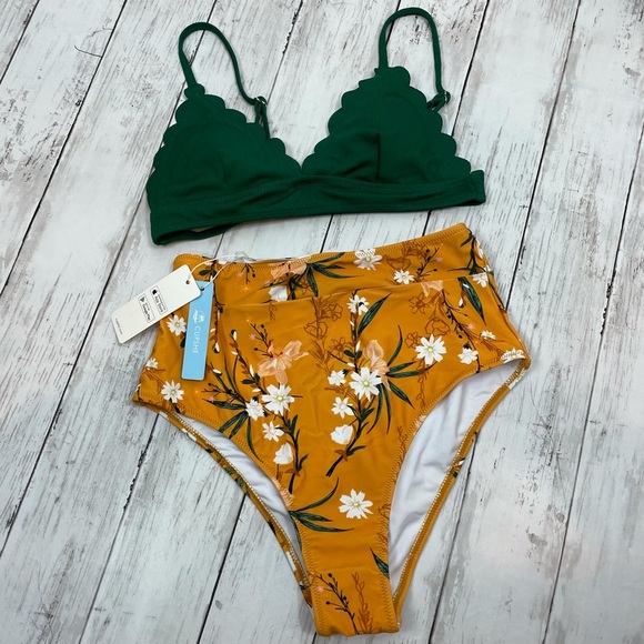 Cupshe Other - NWT Cupshe S High Waist Bikini Set Scalloped Edge Top Floral Green Yellow
